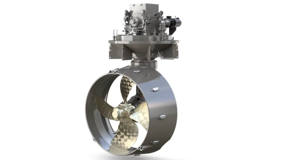 Metallic marine thruster with a large propeller and complex machinery.