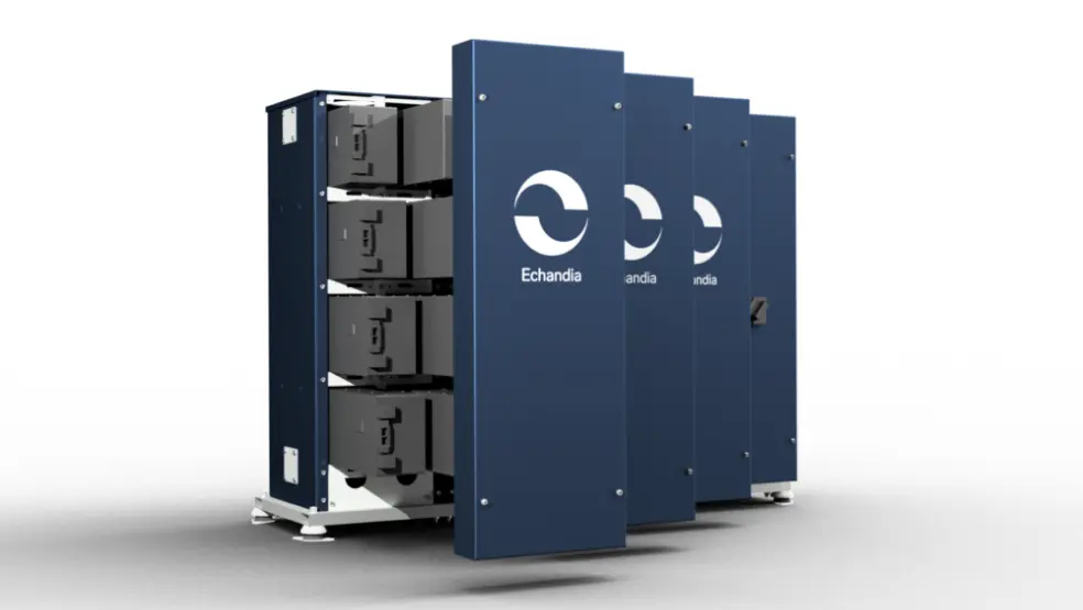 Blue modular battery system with open panels, labeled 'Echandia'.