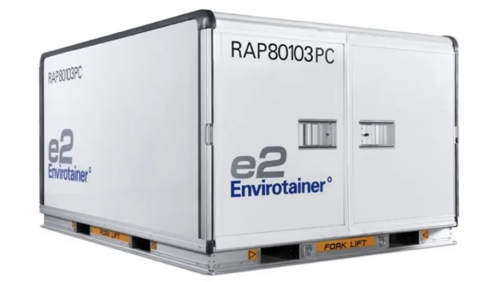 White Envirotainer e2 container with forklift slots and identification code.