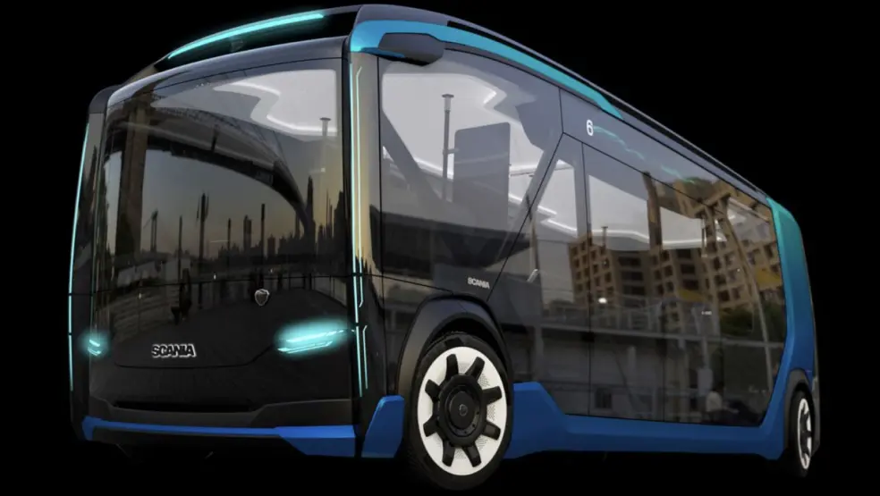 Futuristic blue and black bus with large windows and sleek design.