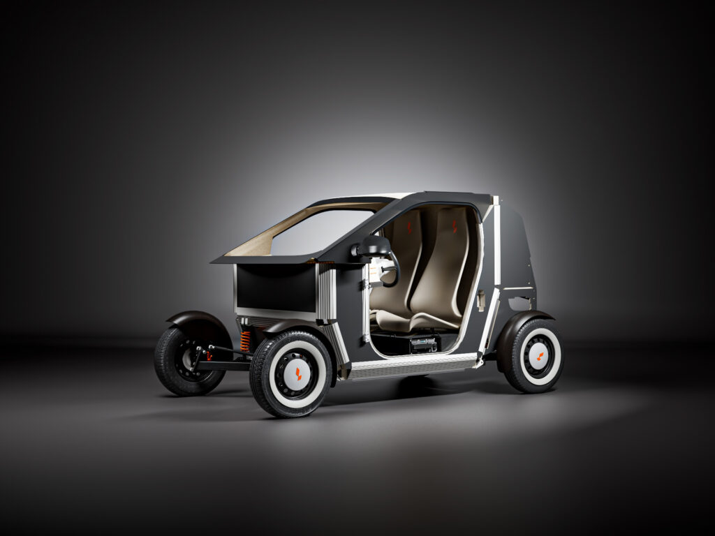 The image shows a design concept for a vehicle named 